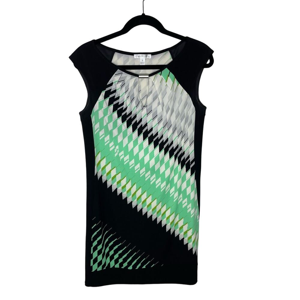 London Times Black Green Sheath Dress Women Size 8 Knee Length High Neck Work - Picture 2 of 7